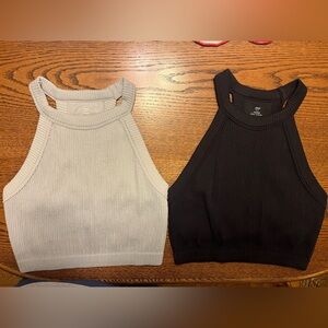2 Aerie Gray and Black Ribbed Halter Knit Lined Cropped Tank Top